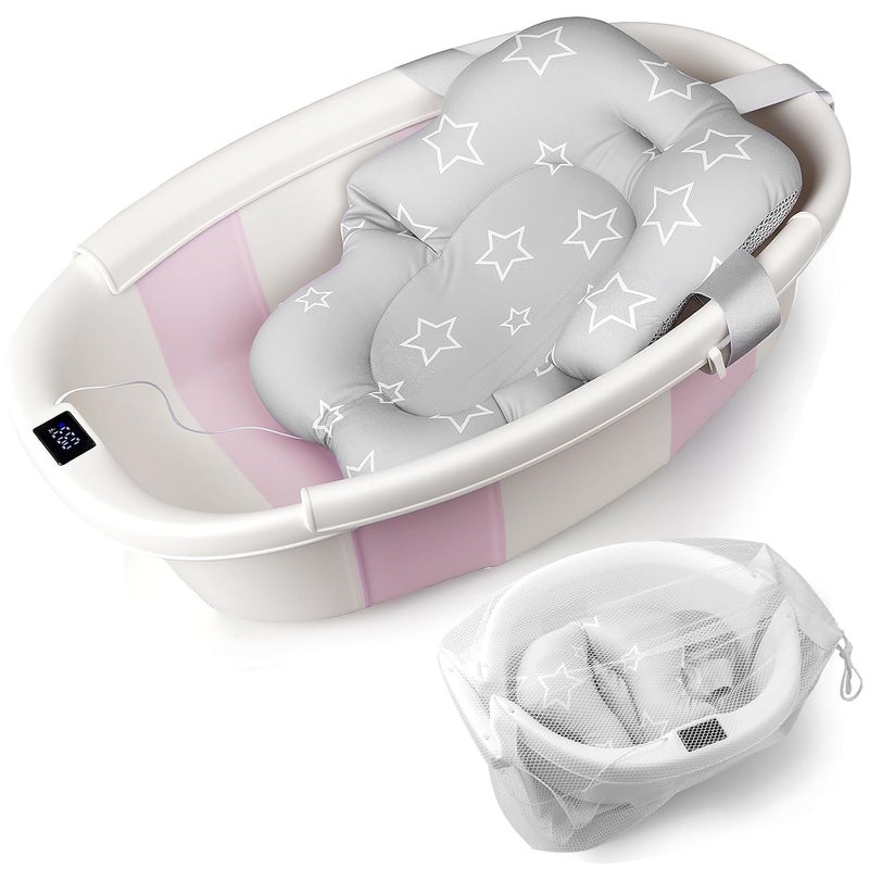 EverKiddo Baby Bathtub, Baby Bath Tub with Thermometer & Soft Cushion, Collapsible Infant Bathtub for Newborn to Toddler 0-36 Months, Quick Use & Portable for Travel(Pink) - Image 1